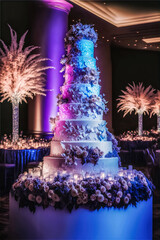 Las Vegas wedding reception, luxury 7 tier wedding cake, beautiful and dreamy, fictional. Generative AI.