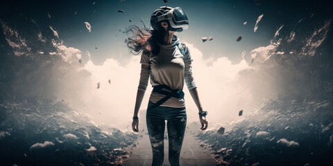 Young adult woman wear virtual reality VR headset, enter the digital imagination world or video game. Futuristic entertainment technology, internet fun modern technology concept. Generative AI