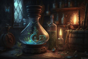 Poster - The potion master works in his workshop Generative AI