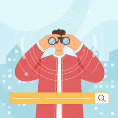 Wall Mural - Online search for information with bar in browser vector illustration. Cartoon man looking through binoculars to research and find data or text, content or new job in internet search digital system