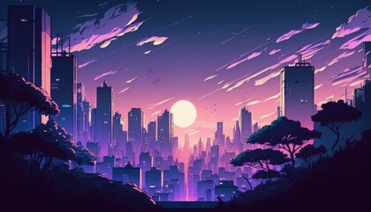 lo-fi vibes, night skyline, chill purple shares, manga, anime, generative ai