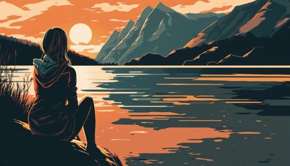 Wall Mural - a woman sits on a rock in front of a lake and looks at the sunset. manga style, generative ai