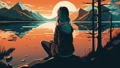 Wall Mural - a woman sits on a rock in front of a lake and looks at the sunset. manga style, generative ai