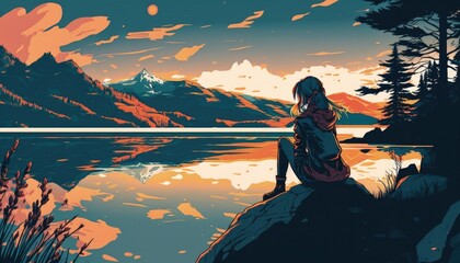 Wall Mural - a woman sits on a rock in front of a lake and looks at the sunset. manga style, generative ai