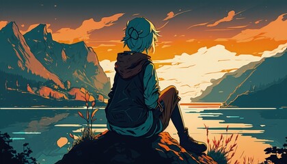 Wall Mural - a woman sits on a rock in front of a lake and looks at the sunset. manga style, generative ai