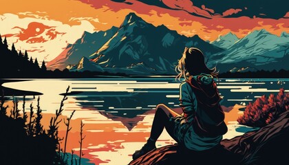 Wall Mural - a woman sits on a rock in front of a lake and looks at the sunset. manga style, generative ai