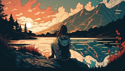 Wall Mural - a woman sits on a rock in front of a lake and looks at the sunset. manga style, generative ai