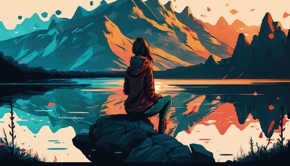 Wall Mural - a woman sits on a rock in front of a lake and looks at the sunset. manga style, generative ai