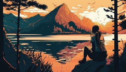 Wall Mural - a woman sits on a rock in front of a lake and looks at the sunset. manga style, generative ai
