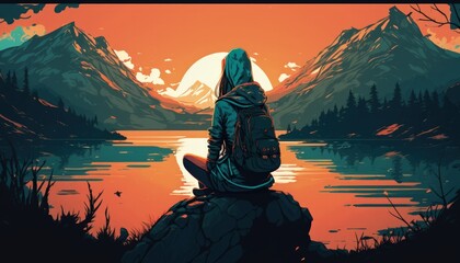 Wall Mural - a woman sits on a rock in front of a lake and looks at the sunset. manga style, generative ai