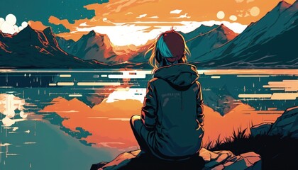 Wall Mural - a woman sits on a rock in front of a lake and looks at the sunset. manga style, generative ai