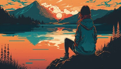 Wall Mural - a woman sits on a rock in front of a lake and looks at the sunset. manga style, generative ai