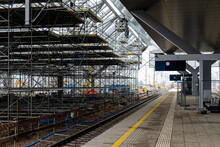 Extensive Scaffolding Providing Platforms For Work On A New Railway Station Building