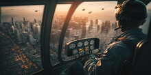 Helicopter Pilot Flying Aircraft Over The City On A Bright Sunny Day. Digital Ai Art