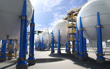 Industrial panorama of chemical production.  Hydrogen renewable energy production. Chemical Industry. Tanks for the storage of hydrogen at a chemical plant.