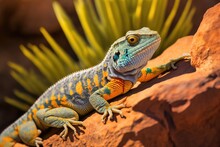Crotaphytus Collaris, A Type Of Collared Lizard, Is Warming Up On A Rock In The Sonoran Desert. In The American Southwest, A Close Up Of A Large, Colorful Lizard. A Brightly Colored Native Reptile Sun