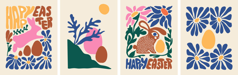 Wall Mural - Happy Easter greeting card set in doodle matisse art style