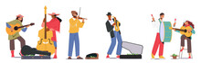 Set Street Musicians Perform Show. People Playing Guitar And Saxophone, Double Bass, Drum And Violin Vector Illustration
