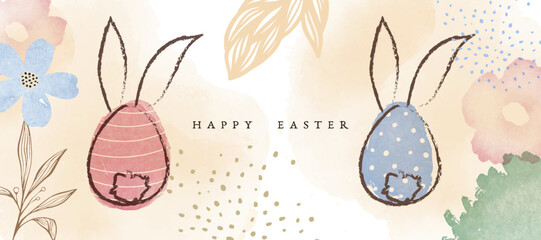 happy easter egg and rabbit in watercolor style banner design