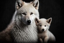 Canis Lupus Arctos, A White Arctic Wolf, With A Cute And Playful Wolf Cub On Its Head. Wild Animals In Close Up Against A Black Background. Generative AI