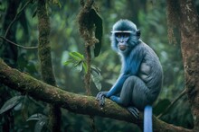 Blue Diademed Monkey, Cercopithecus Mitis, Sitting On A Tree In Its Natural Forest Habitat, Bwindi Impenetrable National Park, Uganda, Africa. A Cute Monkey With A Long Tail Sitting On A Big Branch Of