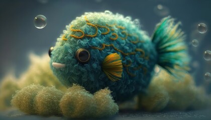 soft plush knitted sea fish, toy. in the sea world.  Robot design made of expensive textiles. generative artificial intelligence.