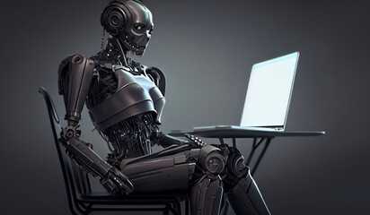 AI robot using computer software showing artificial intelligence technology. 3D ai generative illustration.