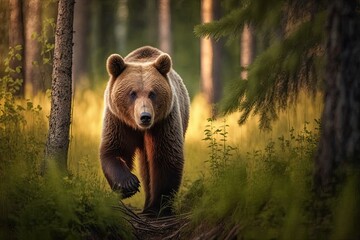 Canvas Print - Brown Bear (Ursus Arctos) in the forest in the summer. Animal in natural habitat. Wildlife scene. Generative AI