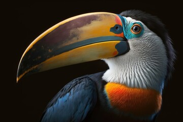 Sticker - Channel billed Close up Portrait of a bird with a big beak. Toucan, Ramphastos vitellinus. Isolated on a Black Background. Generative AI