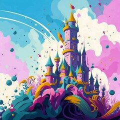 Splash art, create a print inspired by classic fairy tales like Snow White, using whimsical graphics and a pastel color scheme, ((white background)), roaring, epic Instagram, artstation, splash style 