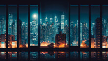 A Panoramic Shot Of A City Skyline At Night Through A Window - Generative AI