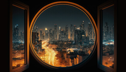 Wall Mural - A panoramic shot of a city skyline at night through a window - Generative AI