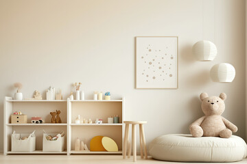 Wall Mural - A contemporary children's room has an empty cream wall. Mockup of an interior design in a contemporary style. Generative AI