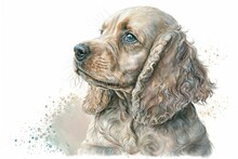 Cocker Spaniel, American. The Wall Has A Sticker. A Watercolor Style Drawing Of A Realistic, Hand Drawn Color Portrait Of A Puppy American Cocker Spaniel On A White Background. Generative AI