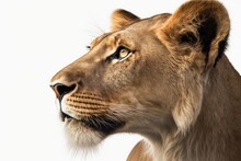 Close Up Of The Roaring Profile Of A 10 Year Old Lioness, Panthera Leo, On A White Background. Generative AI