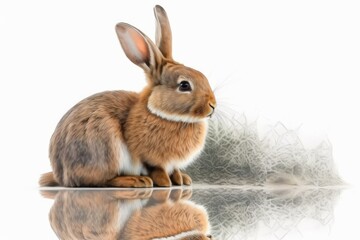 Poster - Beautiful and cute rabbit sitting. Sign on his head with his paw. Isolated on a white background, with a reflection and a lot of space to write. Generative AI