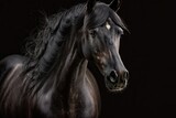 Fototapeta Konie - A young black stallion with a big head turns his back to look at the camera. On a dark background is a portrait. The animal's looking eyes. Generative AI