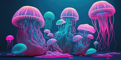 A group of bright pink and blue jellyfish floating in a blue ocean. Ocean animals.