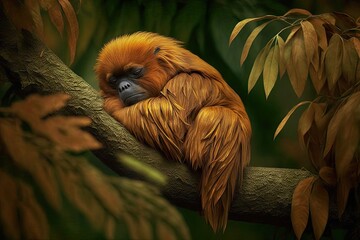 Wall Mural - A rare and endangered Brown Howler is sleeping on a branch in So Paulo, Brazil's Botanical Gardens. Generative AI