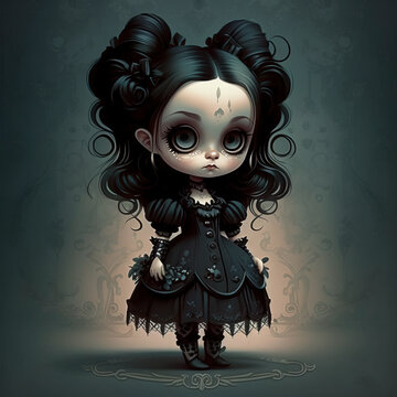 Gotic Chibi girl with big eyes that looks like a doll with big head created with Generative AI technology
