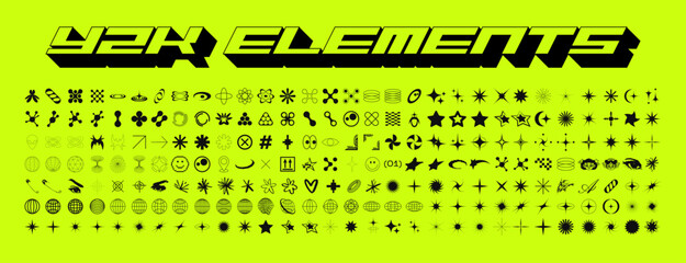 Poster - Retro futuristic elements for design. Big collection of abstract graphic geometric symbols and objects in y2k style. Templates for notes, posters, banners, stickers, business cards, logo