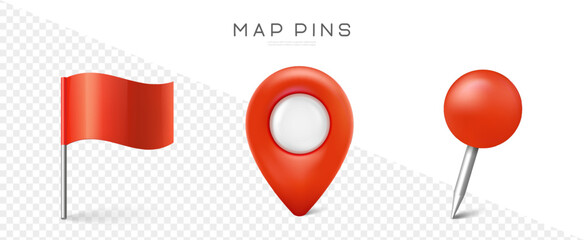 pin set with shadow. map marks for gps point. vector 3d red plastic pushpins or board tacks for pape
