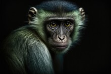 Green Monkey Close Up Portrait On Black Background. Generative AI