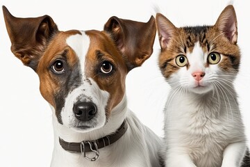 Poster - A picture of a cute dog A Jack Russell Terrier and a happy looking cat Scottish Straight, set off against a white background. Generative AI