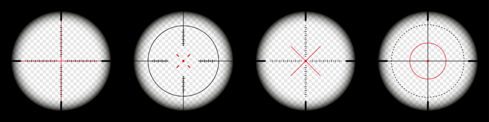 Weapon sights, sniper rifle optical scope on black background. Hunting gun viewfinder with crosshair. Aim, shooting mark symbol. Military target sign, silhouette. Game UI element. Vector illustration