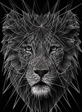 Sacred Geometry Concept Of A Big Cat Looking Into The Camera, Fractal Face Lion, Generative Ai