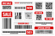 © 32 pixels - Set of product barcodes and QR codes. Special offer, sale stickers, shopping discount label or promotional badge. Serial number, product ID. Supermarket retail label, price tag. Vector illustration