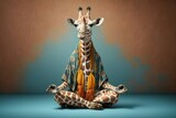 Fototapeta  - Studio portrait of giraffe in boho clothes doing meditation, created with Generative AI technology