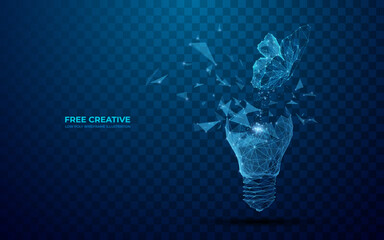 Leinwandbilder - Digital butterfly flies out of a broken light bulb. Flight of fantasy or free creative concept in polygons and lines on transparent background. Isolated 3D Vector illustration in technology blue. 