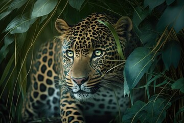 Poster - Close up picture of a leopard in the jungle with a leaf. Generative AI